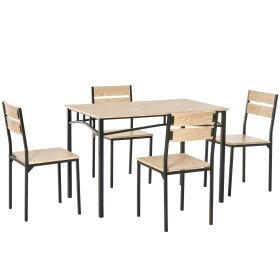 Rustic Industrial 5-Piece Dining Table Set Black Metal with 4 Chairs for Kitchen, or Dining Room, Oak