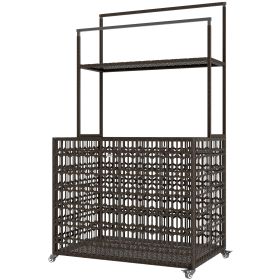 Pool Float Storage Organizer, PE Rattan Pool Float Holder With Basket Shelf Towel Bars, Rolling Pool Caddy For Floaties, Noodles, Life Vests, Beach Ba