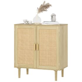 Bohemian Sideboard, 31.5" Buffet Cabinet with 2 Rattan Doors and Shelves for Living Room, Hallway, Natural