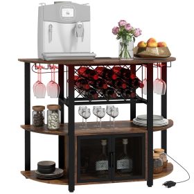 Wine Bar Cabinet with Charging Station, LED Lighted Liquor Cabinet with Wine Racks and Glass Holders, Rustic Brown