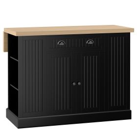 47" Fluted-Style Wooden Kitchen Island, Kitchen Countertop Storage Cabinet with Drop Leaf, Drawer, Open Shelves, Storage, Black