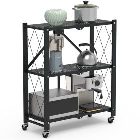 1Pc 3Tier Foldable Storage Shelf With Lockable Wheels No Assembly Rolling Utility Shelf Heavy Duty Collapsible Organizer Rack For Kitchen Living Room