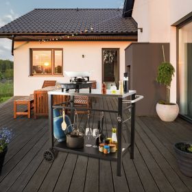 Outdoor Grill Dining Cart With Double-Shelf, BBQ Movable Food Prep Table, Multifunctional Stainless Steel Table Top, Portable Modular Carts For Pizza