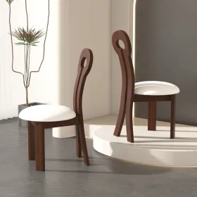 Dining Chairs Set Of 2, Key-design Home Chairs, PU Leather Solid Wooden Dining Chairs With White Round Cushion For Kitchen Dining Room-Deep Walnut Bro