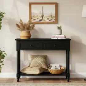 Console Table Traditional Design With Two Drawers And Bottom Shelf (Black) --Self-pick Up Is Not Supported
