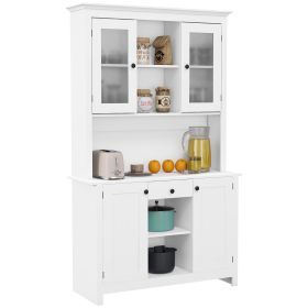 Freestanding Rustic Buffet with Hutch, 4 Door Farmhouse Kitchen Pantry Storage Cabinet, Microwave Stand with Beadboard Panel, Drawer and Adjustable S