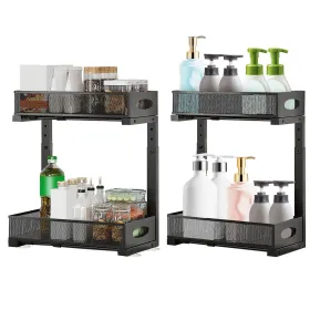 2Pcs Under Sink Organizer 2 Tier Pull Out Cabinet Baskets Storage Shelf Sliding Storage Drawers Rack With 5 Adjustable Height Mesh Baskets For Home Ki