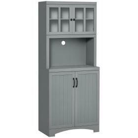 Kitchen Hutch, 70" Pantry Cabinet with Glass Framed Door,  Storage Cabinet with Adjustable Shelves and Microwave Space for Dining Room, Gray