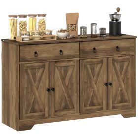 Kitchen Storage Sideboard, Farmhouse Buffet Cabinet with Barn Style Doors, Drawers, Adjustable Shelves, Light Brown