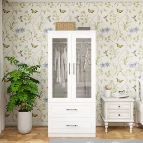 Armoire Wardrobe Closet With 2 Glass Closet Doors, 71" High Bedroom Wardrobe Closet With 2 Closet Drawers Cabinet Storage Wardrobe With Hanging Rod Fo