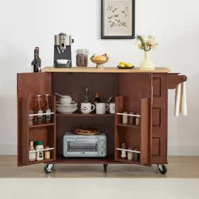 Kitchen Island With Drop Leaf Countertop, Rolling Kitchen Island Cart , Barn Door Kitchen Island Table With Storage Cabinet And Tower Rack, Island Tab