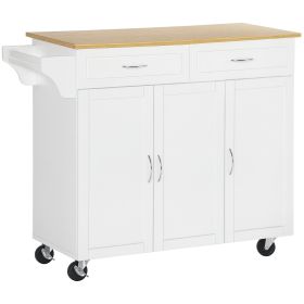 Rolling Kitchen Island Cart on Wheels with Large Bamboo Countertop, 2 Cabinets with Drawers, Adjustable Shelves, White