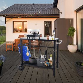 Outdoor Grill Dining Cart With Double-Shelf, BBQ Movable Food Prep Table, Multifunctional Iron Table Top, Portable Modular Carts For Pizza Oven, Workt