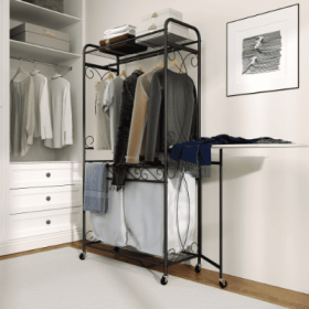 Multi Functional Laundry Hamper Organizer With Hanging Rail And Storage Shelf Rolling Laundry Cart With Wheels, Heavy Duty Metal Frame For Bathroom, L