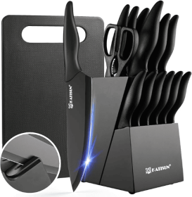 16 Pieces Kitchen Knife Block Set With Cutting Board, German Stainless Steel Knife Set With Sharpener, Dishwasher Safe, Anti-Slip Handle, 6 Steak Kniv (Option: Black-16Pieces)