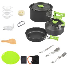 16Pcs Camping Cooking Ware Set Camping Stove Cookware Kit Aluminum Pot Pan Kettle Set With Bowls Knife Fork Spoon Carabiner Spatula Cutting Board For (Option: Green)