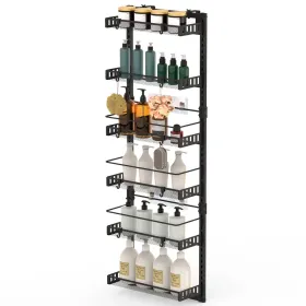 Over The Door Pantry Organizer 6-Tier Pantry Door Organizer Carbon Steel 110LBS Loading Easy Install Behind Door Storage For Closet Kitchen Bathroom 5 (Option: Black)