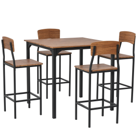 5-Piece Counter Height Bar Table with Space-Saving Design, Square Kitchen Table and Chairs Set with Footrest, Metal Legs, Industrial Dining Table Set (Option: Walnut,Black-1110x470x210 mm)