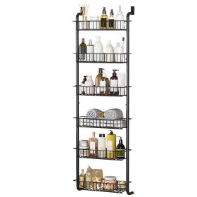 1Pc 6 Tier Over Door Pantry Organizer Hanging Hooks Door Storage Rack Carbon Steel Basket 62.99in Over Door Shelf For Kitchen Bathroom (Option: Black)