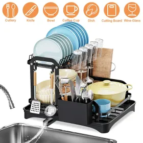 2-Tier Dish Drying Rack For Kitchen Counter Space Saving Rustproof Dish Rack With Drainboard Detachable Kitchen Drainer Organizer Set (Option: Black)