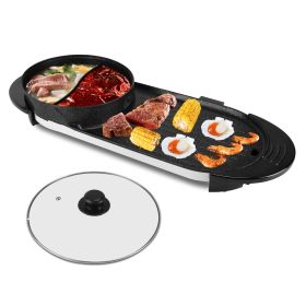 2200W  2 In 1 Electric Hot Pot With BBQ Grill Cooker Smokeless Non-Stick Korean BBQ Grill Shabu Shabu Hot Pot With Independent Temperature Contro (Color: Black)