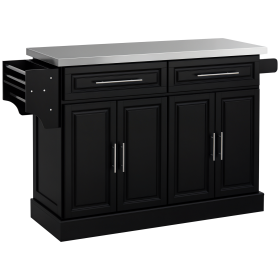 Rolling Kitchen Island Cart with Wheels, Portable Island Table for Kitchen with Stainless Steel Top, Adjustable Shelves, 2 Drawers, Spice, Knife and (Option: Black-930x485x210 mm)