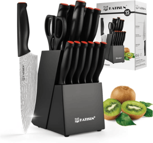 Damascus Pattern 15-Piece Kitchen Knife Set With Block, High Carbon Steel Chef Knife, Includes Sharpener And Scissors, Ergonomic Black Anti-Slip Handl (Option: Black-15Pieces)