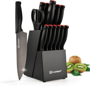 15-Piece Knife Set, High Carbon Stainless Steel Imported From Germany, Beveled Mercerized Blade, Black Titanium Stainless Steel Knives Block Set With (Option: Black-15Pieces)